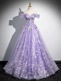 A-Line Off Shoulder Tulle Lace Purple Long Prom Dress, Purple Long Formal Dress HZ1024