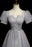 Tulle Beaded Long Prom Dress, A-Line Short Sleeve Evening Party Dress HZ1024