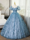 Evening Dress under $180||Fairytale?? A-Line Puff Sleeves Tulle Lace Gray BlueSweet Long Prom Dress for Birthday HZ1024