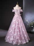 Off Shoulder Tulle Lace Pink Long Prom Dress, Pink Long Formal Dress HZ1024