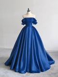 Off Shoulder Satin Dark Blue Long Prom Dress, Dark Blue Long Formal Dress HZ1024