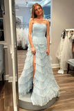 Blue Strapless Layered Tulle Prom Dress with Sequins HZ1024