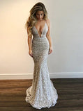 Gorgeous V-Neck Prom Party Gowns Lace Mermaid Evening Gowns HZ1024