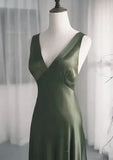 A-Line Dark Green SatinV-Neckline Low Back Prom Dress, Dark Green Formal Dress HZ1024