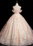 A-line Spaghetti Straps Lace Tulle Flowers Sweetheart Long Prom Dress, Pink Off Shoulder Sweet 16 Dress HZ1024