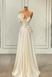 A-line One Shoulder White Satin Evening Prom Dress with Ruffles HZ1024