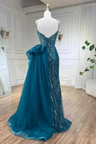 Blue Elegant Mermaid Spaghetti Strap Tulle Beading Long Prom Dress HZ1024
