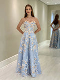 Sweetheart Neck Tulle Lace Blue Long Prom Dress Graduation Prom Dress HZ1024