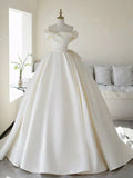 Off Shoulder Satin Light Champagne Long Prom Dress, Light Champagne Formal Dress HZ1024