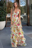 Blue Spaghetti Strap Party Dress Printed Chiffon A-Line Evening Gowns HZ1024
