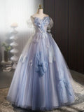 Off Shoulder Tulle Flower Blue Long Prom Dress, Blue Long Formal Dress HZ1024
