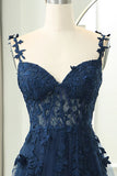 Elegant Sweetheart Neck Tulle Lace Dark Blue Long Prom Dress, Dark Blue Long Evening Dress HZ1024