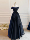 Off Shoulder Organza Dark Blue Long Prom Dress, Dark Blue Long Formal Dress HZ1024