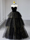Sweetheart Neck Tulle Sequin Black Long Prom Dress, Black Formal Dress HZ1024