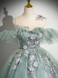 Off Shoulder Tulle Lace Green Long Prom Dress, Green Long Formal Dress HZ1024