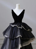 V Neck Tulle Long Prom Dress, Black Long Evening Dress HZ1024