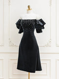 Velvet off-the-shoulder Beads Short Prom Dress, Black Evening Dress HZ1024