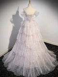 Off Shoulder Tulle Sequin Light Pink Long Prom Dress,Sequin Long Evening Dress HZ1024
