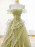 Off Shoulder Lace Long Prom Dress, Green Formal Dress HZ1024