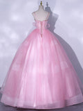 A-Line Tulle Lace Long Prom Dresses, Pink Sweet 16 Dress HZ1024