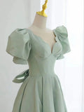 green v neck satin short prom dress, green evening dress HZ1024