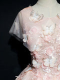 round neck tulle lace long prom dress, pink sweet 16 dress HZ1024