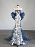 Tulle Sequin Silver Long Prom Dress, Strapless Long Party Dress HZ1024